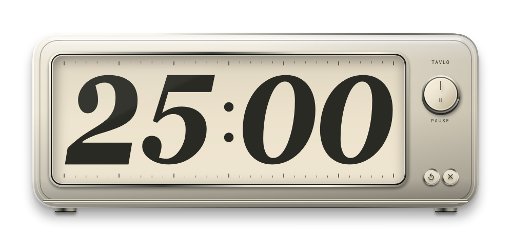 Tavlo’s Porcelain timer: a dimensional cream case, oversized black numerals, and a brass-style dial reading 25:00